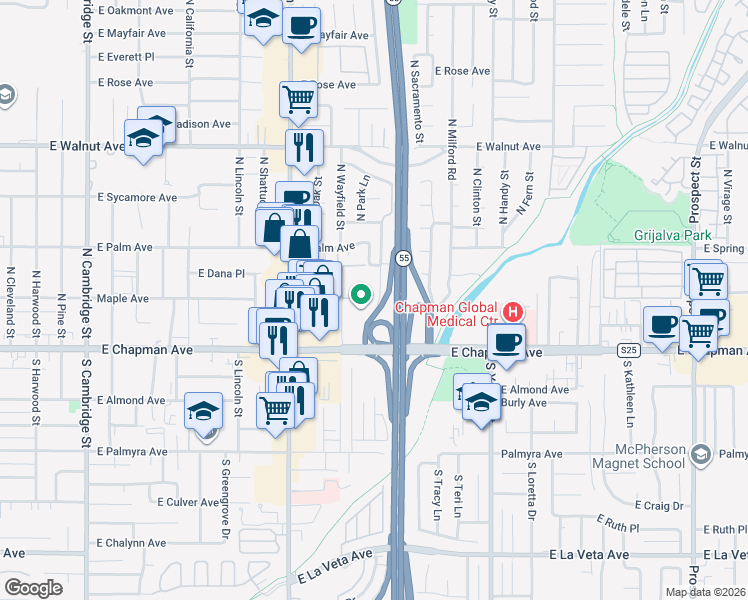 map of restaurants, bars, coffee shops, grocery stores, and more near 157 North Wayfield Street in Orange