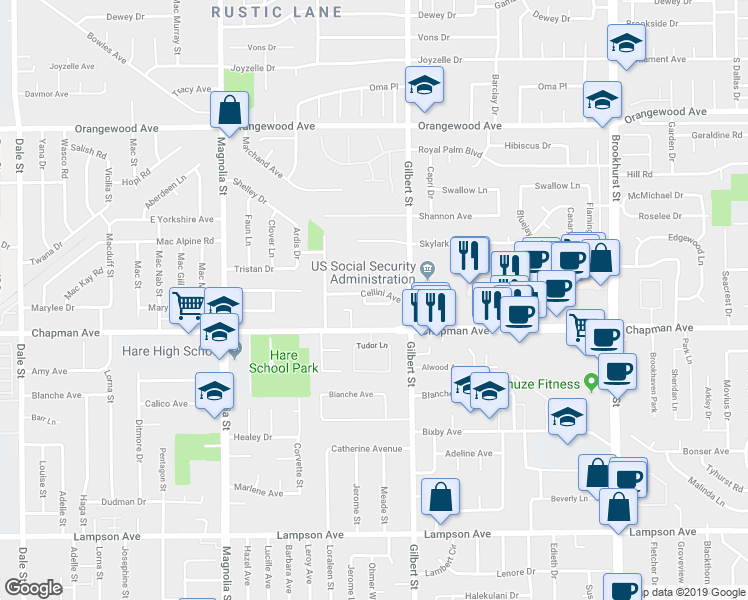 map of restaurants, bars, coffee shops, grocery stores, and more near 9331 Chapman Avenue in Garden Grove