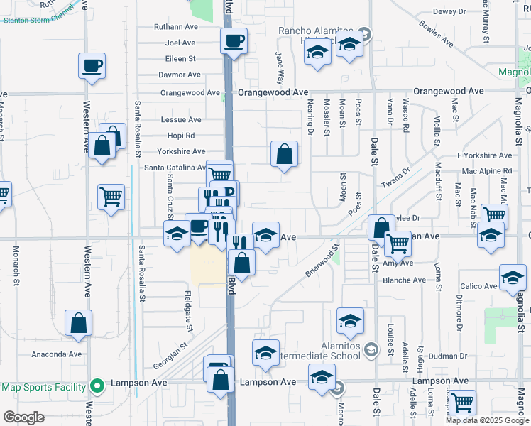 map of restaurants, bars, coffee shops, grocery stores, and more near 8067 Chapman Avenue in Stanton