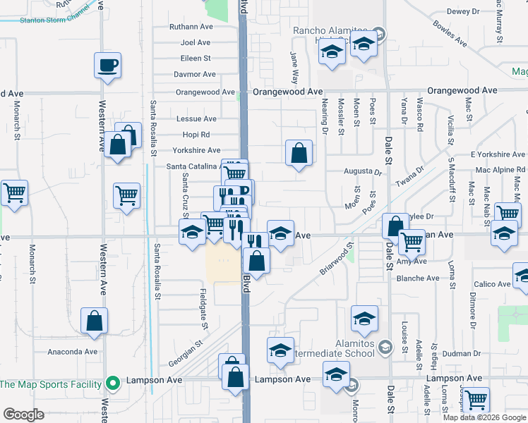 map of restaurants, bars, coffee shops, grocery stores, and more near 8067 Chapman Avenue in Stanton