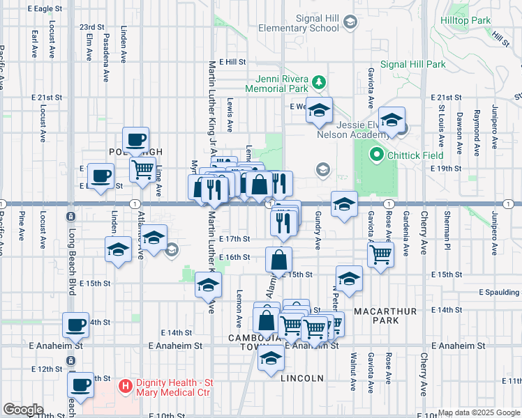 map of restaurants, bars, coffee shops, grocery stores, and more near 1753 Cerritos Avenue in Long Beach