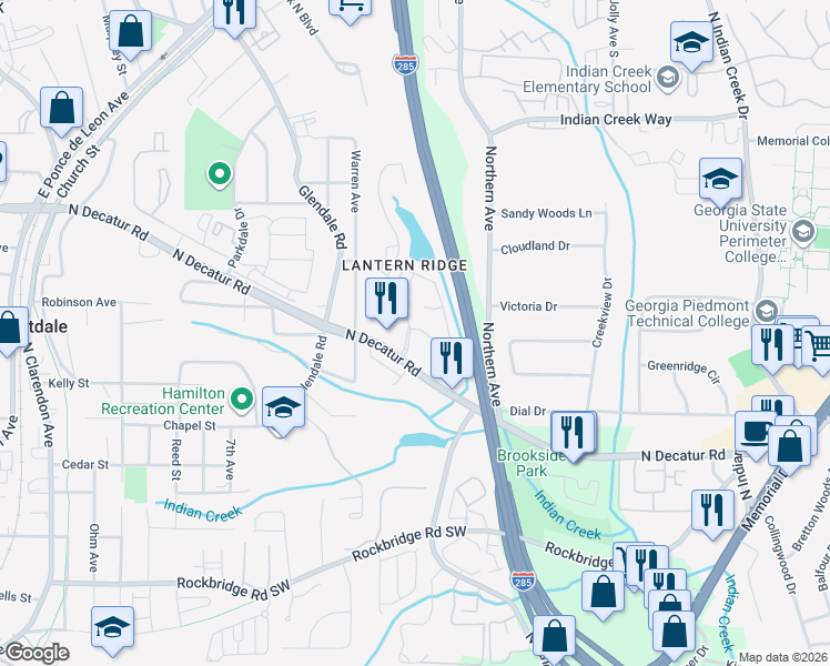 map of restaurants, bars, coffee shops, grocery stores, and more near 551 Lantern Park Lane in Scottdale
