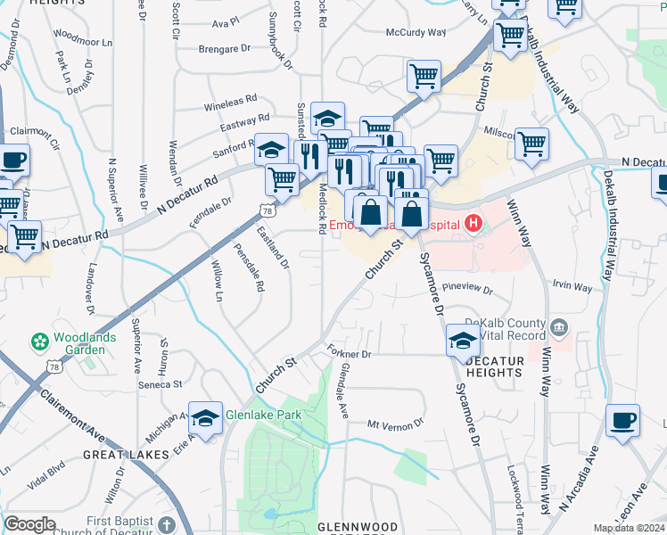 map of restaurants, bars, coffee shops, grocery stores, and more near 463 Medlock Road in Decatur