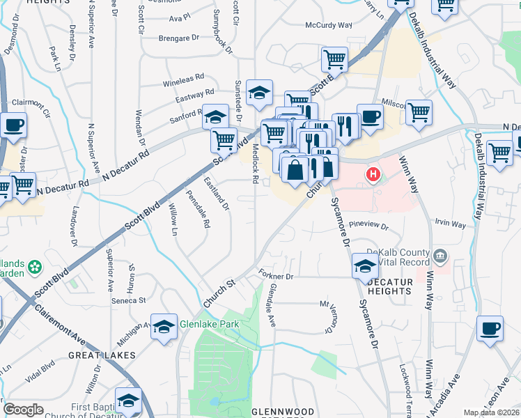 map of restaurants, bars, coffee shops, grocery stores, and more near 475 Medlock Road in Decatur