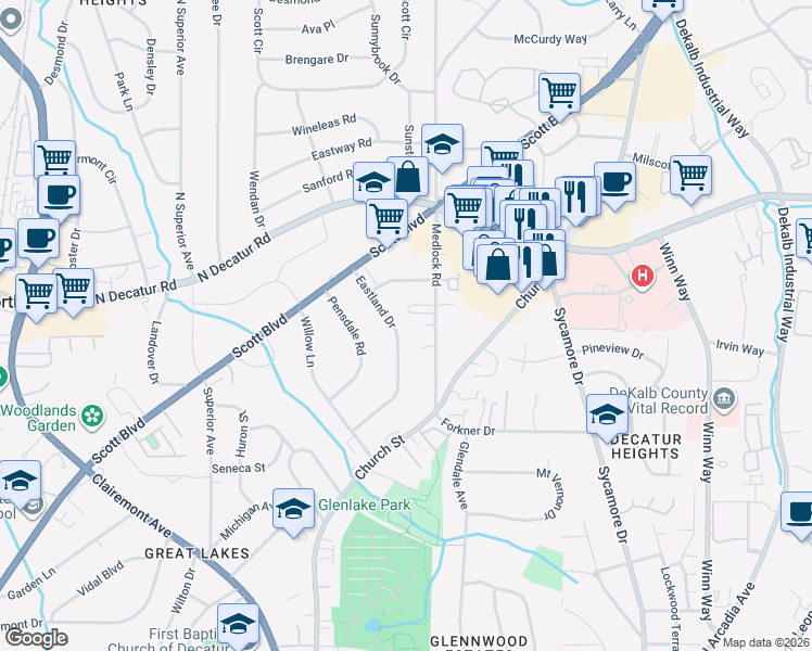 map of restaurants, bars, coffee shops, grocery stores, and more near 457 Eastland Drive in Decatur