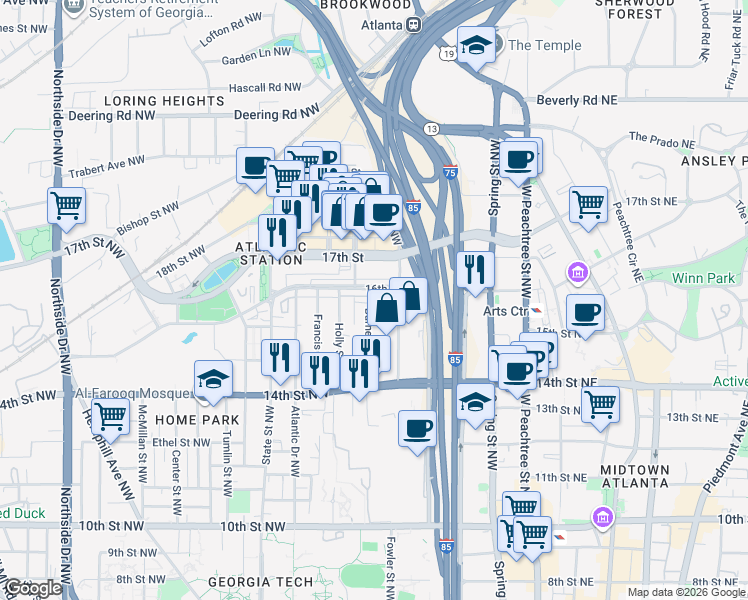 map of restaurants, bars, coffee shops, grocery stores, and more near 221 15th Street Northwest in Atlanta