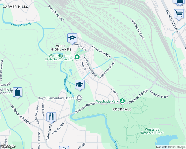 map of restaurants, bars, coffee shops, grocery stores, and more near 1623 Abbot Lane in Atlanta