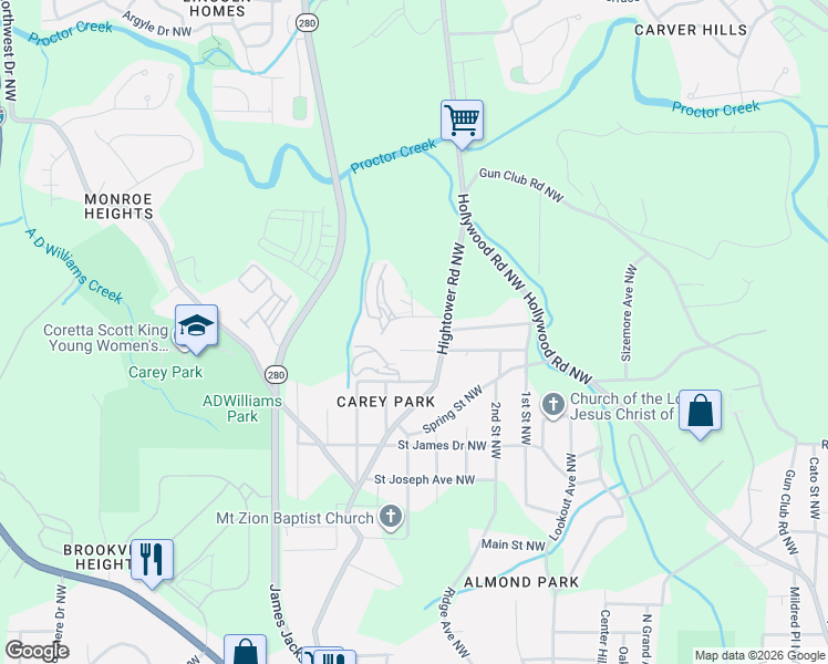 map of restaurants, bars, coffee shops, grocery stores, and more near 1230 Hightower Road Northwest in Atlanta