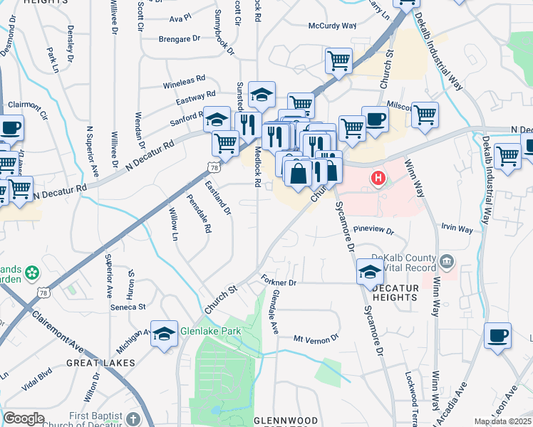 map of restaurants, bars, coffee shops, grocery stores, and more near 475 Medlock Road in Decatur