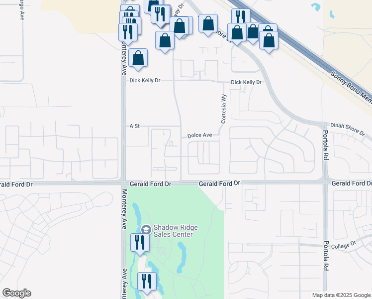 map of restaurants, bars, coffee shops, grocery stores, and more near 35425 Domani Drive in Palm Desert