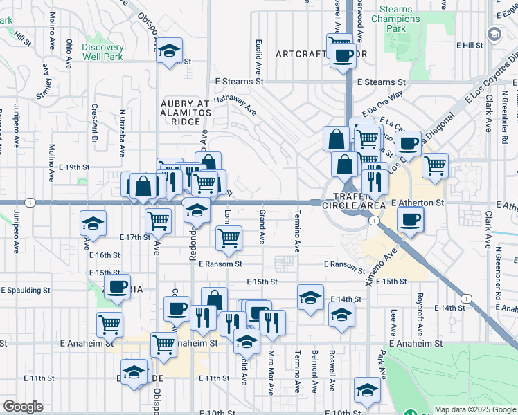 map of restaurants, bars, coffee shops, grocery stores, and more near 1749 Grand Avenue in Long Beach