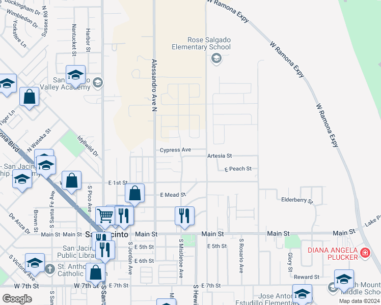 map of restaurants, bars, coffee shops, grocery stores, and more near 536 Cypress Avenue in San Jacinto