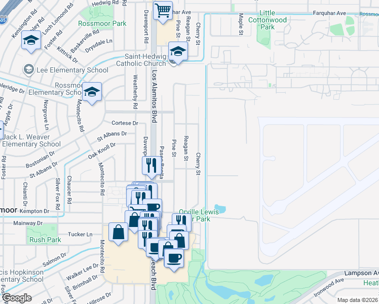 map of restaurants, bars, coffee shops, grocery stores, and more near 11961 Reagan Street in Los Alamitos