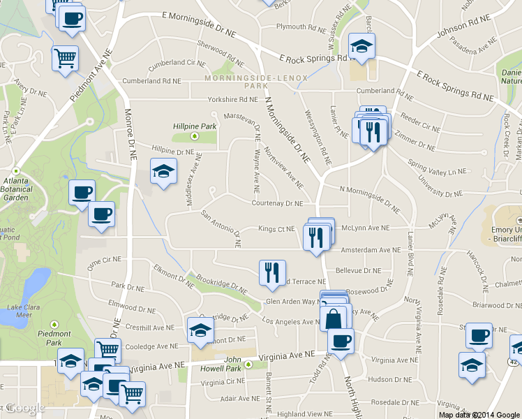 map of restaurants, bars, coffee shops, grocery stores, and more near 851 Courtenay Drive Northeast in Atlanta