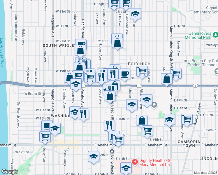 map of restaurants, bars, coffee shops, grocery stores, and more near 1795 Long Beach Boulevard in Long Beach