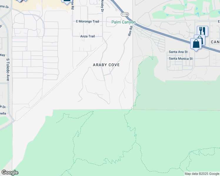 map of restaurants, bars, coffee shops, grocery stores, and more near 2390 South Araby Drive in Palm Springs