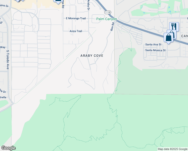 map of restaurants, bars, coffee shops, grocery stores, and more near 2390 South Araby Drive in Palm Springs