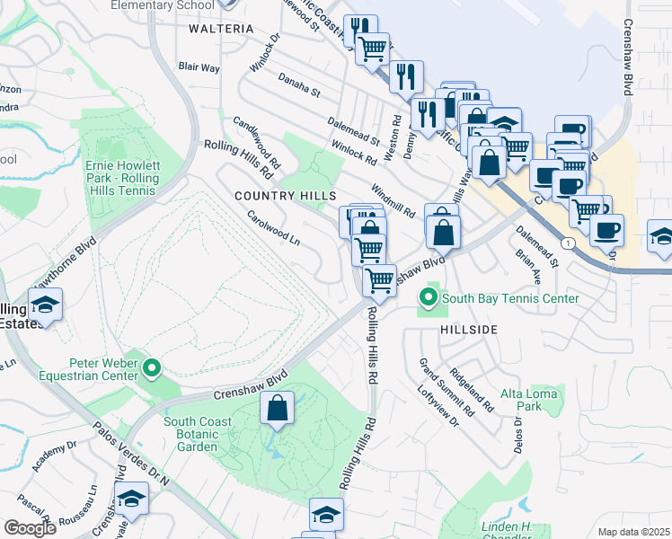 map of restaurants, bars, coffee shops, grocery stores, and more near 2932 Oakwood Lane in Torrance