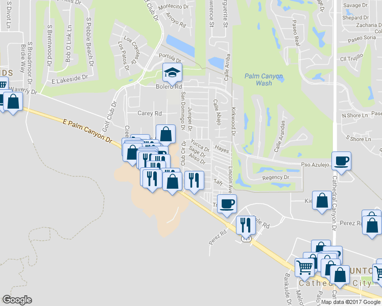 map of restaurants, bars, coffee shops, grocery stores, and more near 117 Aliso Drive in Palm Springs