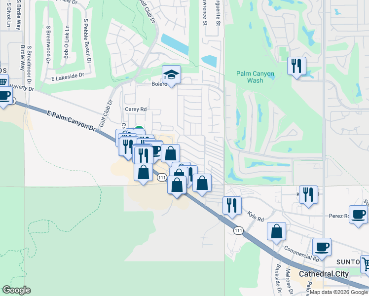 map of restaurants, bars, coffee shops, grocery stores, and more near 87 Desert Rose Drive in Palm Springs