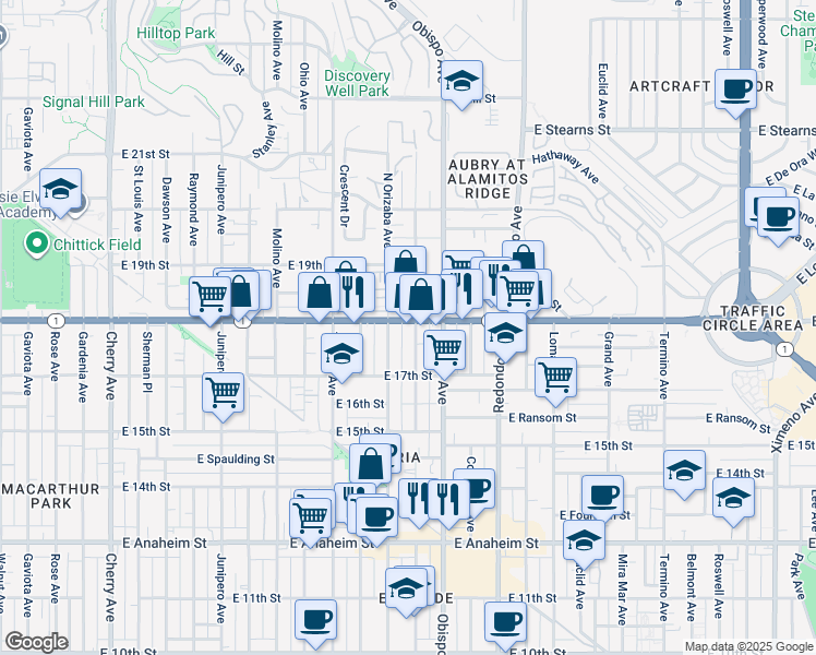map of restaurants, bars, coffee shops, grocery stores, and more near 1750 Orizaba Avenue in Long Beach