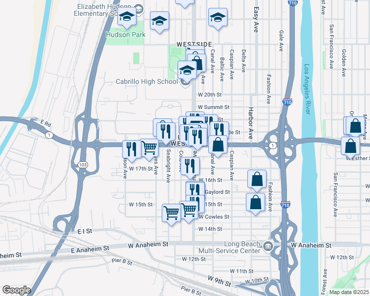 map of restaurants, bars, coffee shops, grocery stores, and more near 1734 Cota Avenue in Long Beach