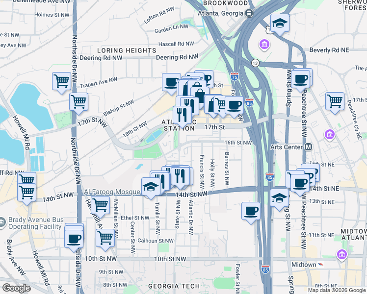 map of restaurants, bars, coffee shops, grocery stores, and more near 374 16th Street Northwest in Atlanta