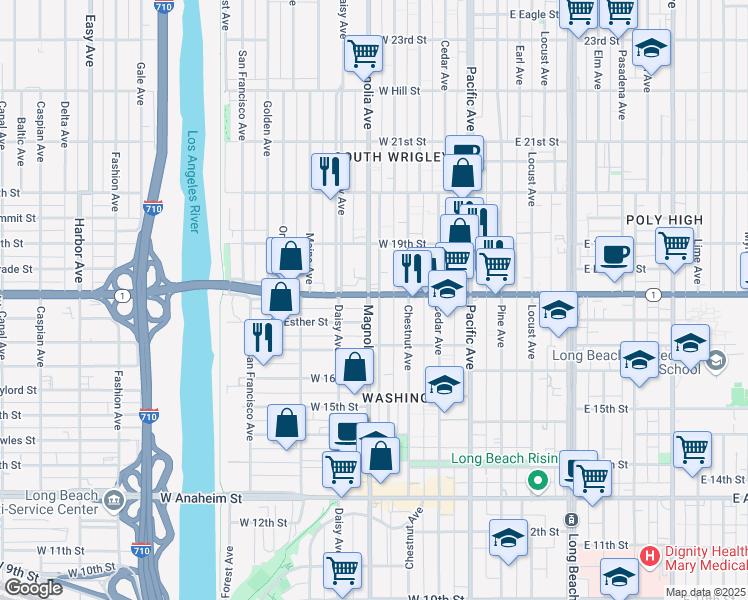 map of restaurants, bars, coffee shops, grocery stores, and more near 1770 Magnolia Avenue in Long Beach