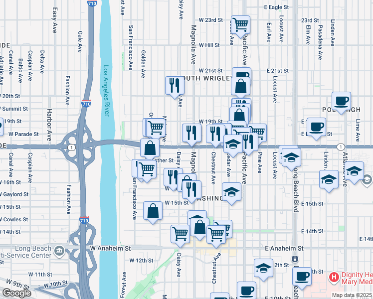 map of restaurants, bars, coffee shops, grocery stores, and more near 1765 Magnolia Avenue in Long Beach