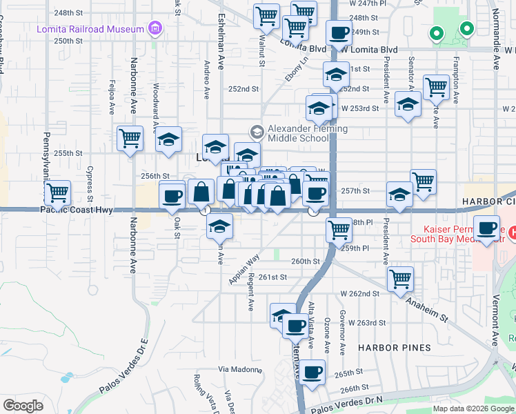 map of restaurants, bars, coffee shops, grocery stores, and more near 1903 Pacific Coast Highway in Lomita