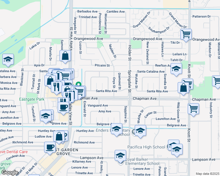 map of restaurants, bars, coffee shops, grocery stores, and more near 6312 Santa Rita Avenue in Garden Grove