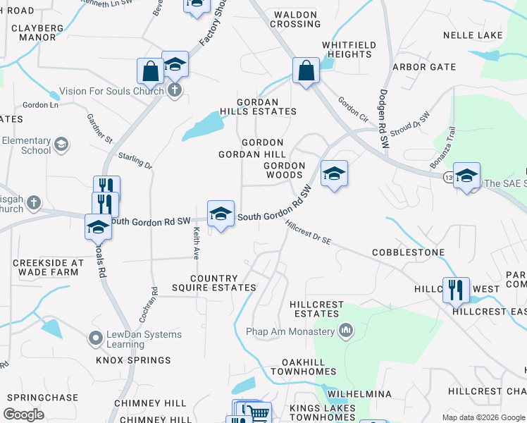 map of restaurants, bars, coffee shops, grocery stores, and more near 355 South Gordon Road Southwest in Mableton