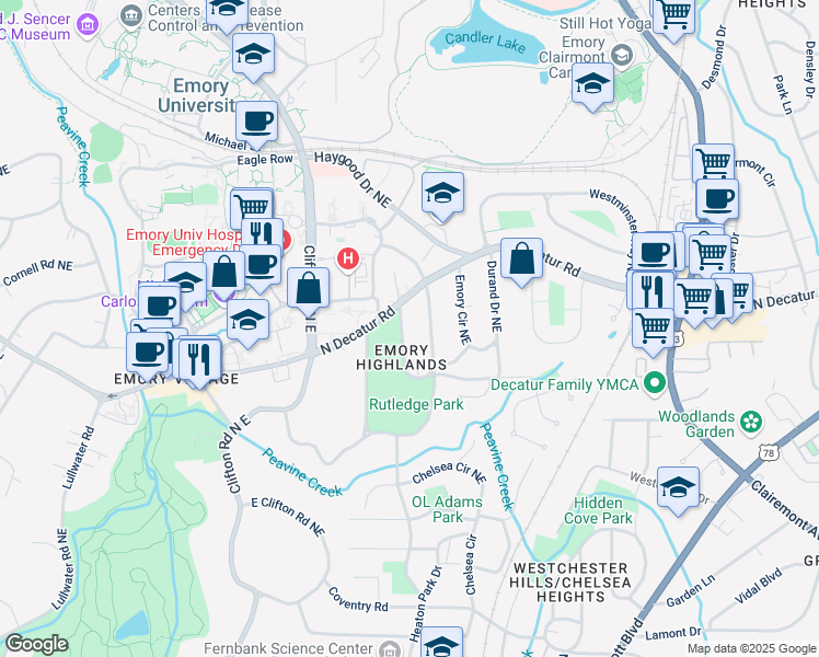 map of restaurants, bars, coffee shops, grocery stores, and more near 483 Burlington Road Northeast in Atlanta