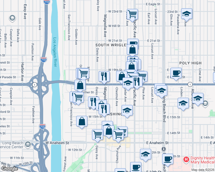 map of restaurants, bars, coffee shops, grocery stores, and more near 1770 Magnolia Avenue in Long Beach