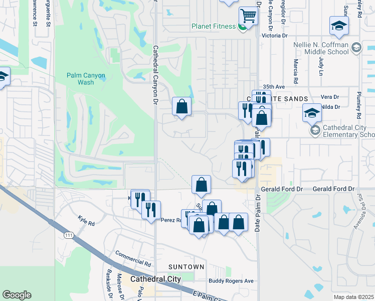 map of restaurants, bars, coffee shops, grocery stores, and more near 68665 Calle Mancha in Cathedral City