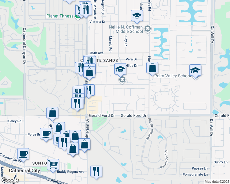 map of restaurants, bars, coffee shops, grocery stores, and more near 35602 Felicity Place in Cathedral City
