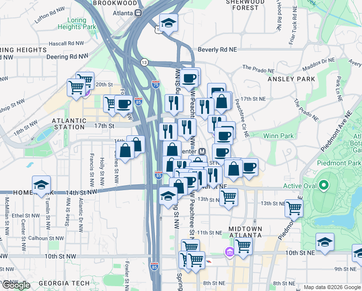 map of restaurants, bars, coffee shops, grocery stores, and more near 1280 West Peachtree Street Northwest in Atlanta