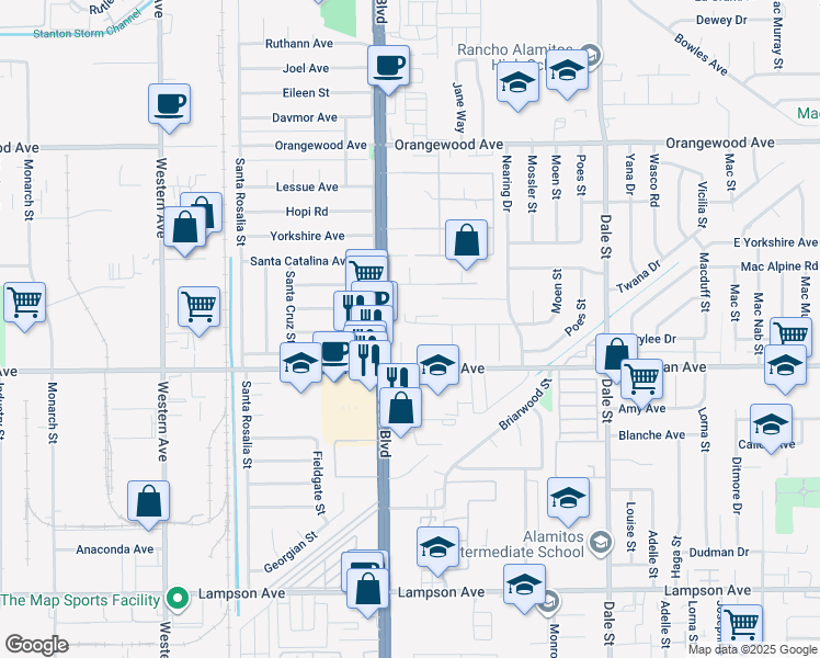 map of restaurants, bars, coffee shops, grocery stores, and more near 8067 Chapman Avenue in Stanton