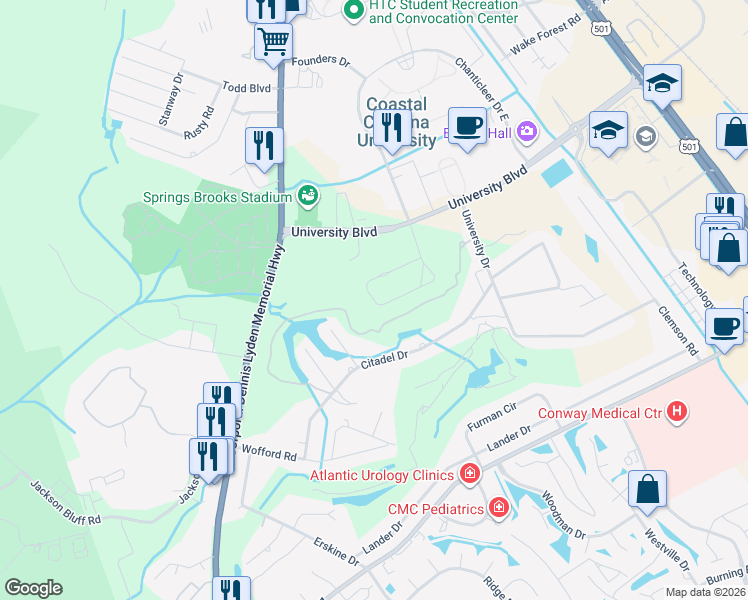 map of restaurants, bars, coffee shops, grocery stores, and more near 144 Quail Run in Conway