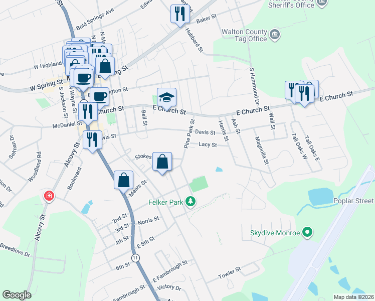 map of restaurants, bars, coffee shops, grocery stores, and more near 506 Pine Park Street in Monroe