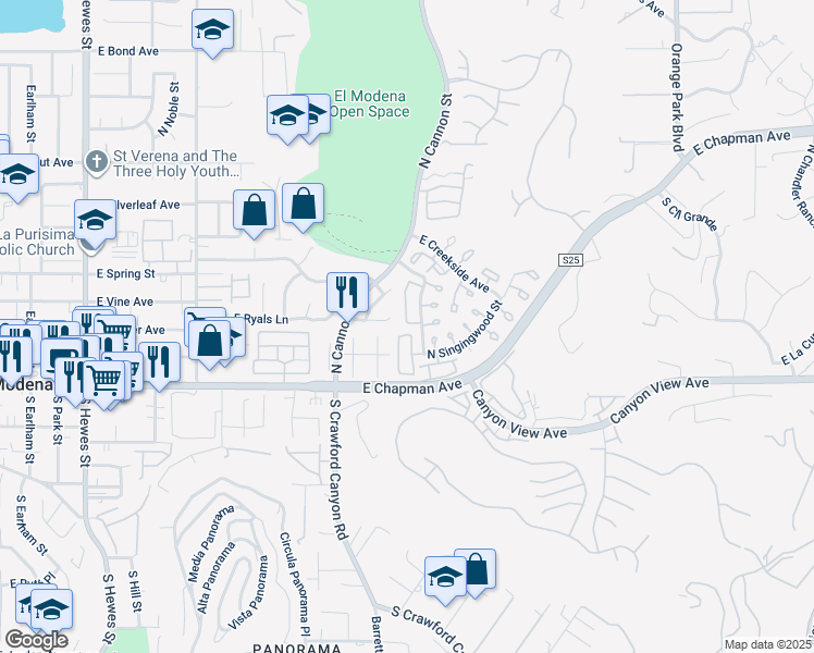 map of restaurants, bars, coffee shops, grocery stores, and more near 5722 East Stillwater Avenue in Orange