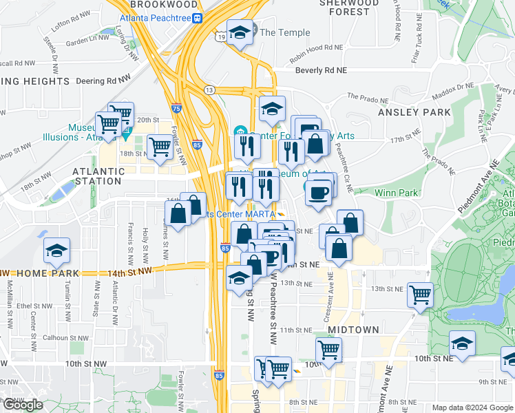 map of restaurants, bars, coffee shops, grocery stores, and more near in Atlanta