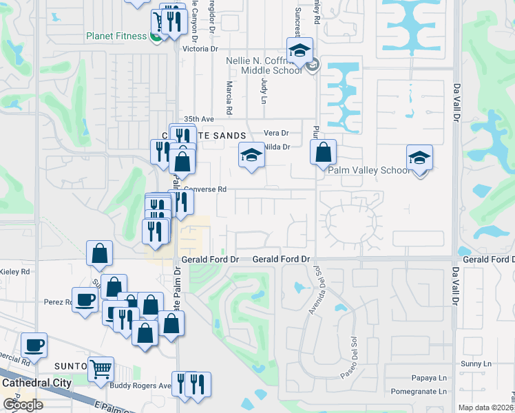 map of restaurants, bars, coffee shops, grocery stores, and more near 35601 Tranquil Place in Cathedral City