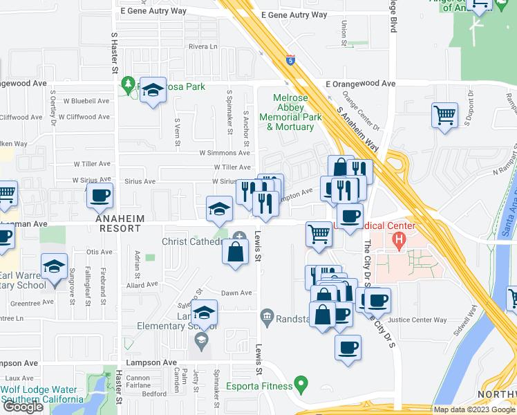 map of restaurants, bars, coffee shops, grocery stores, and more near 181 South Lewis Street in Orange