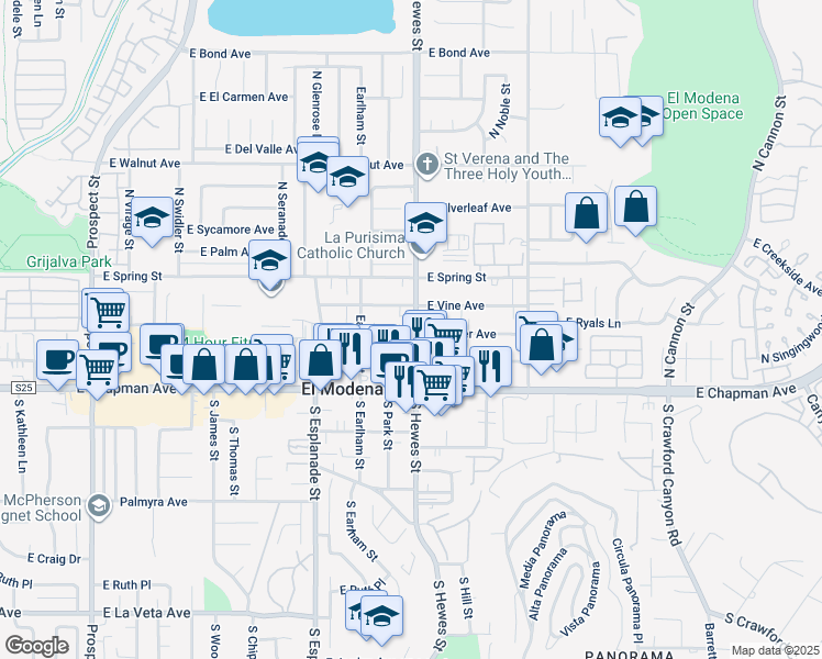 map of restaurants, bars, coffee shops, grocery stores, and more near 11831 Hewes Street in Orange