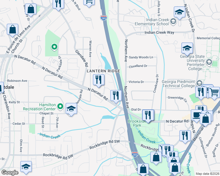 map of restaurants, bars, coffee shops, grocery stores, and more near 3638 Lantern Crest Cove in Scottdale