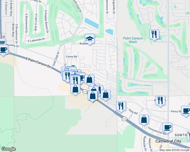 map of restaurants, bars, coffee shops, grocery stores, and more near 87 Desert Rose Drive in Palm Springs