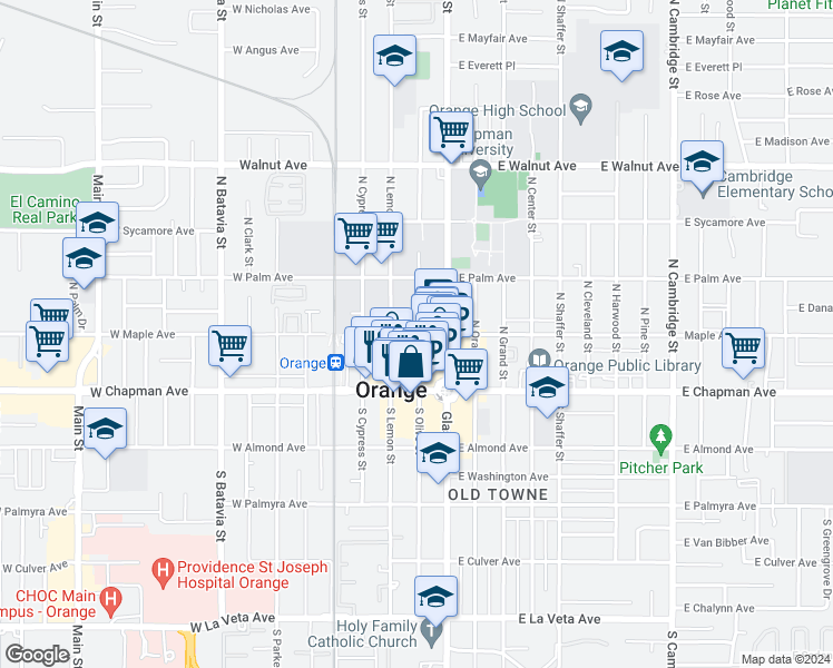 map of restaurants, bars, coffee shops, grocery stores, and more near 165 North Lemon Street in Orange