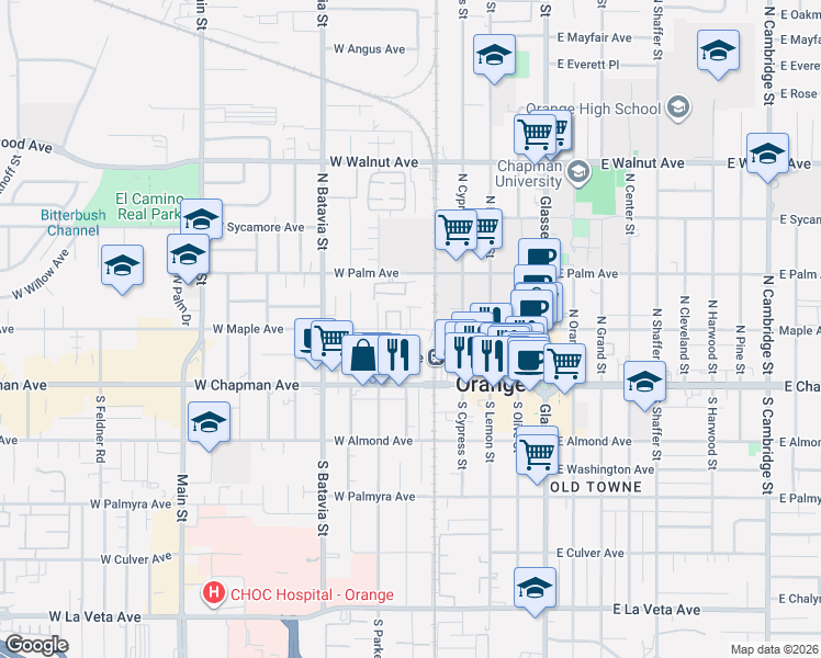 map of restaurants, bars, coffee shops, grocery stores, and more near in Orange