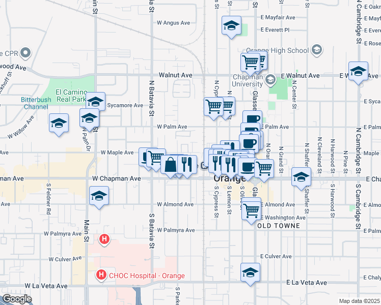 map of restaurants, bars, coffee shops, grocery stores, and more near in Orange